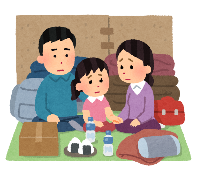 キャッチアップ画像候補（避難所生活のイラスト（困った顔）hinanjo_seikatsu_family_sad.png